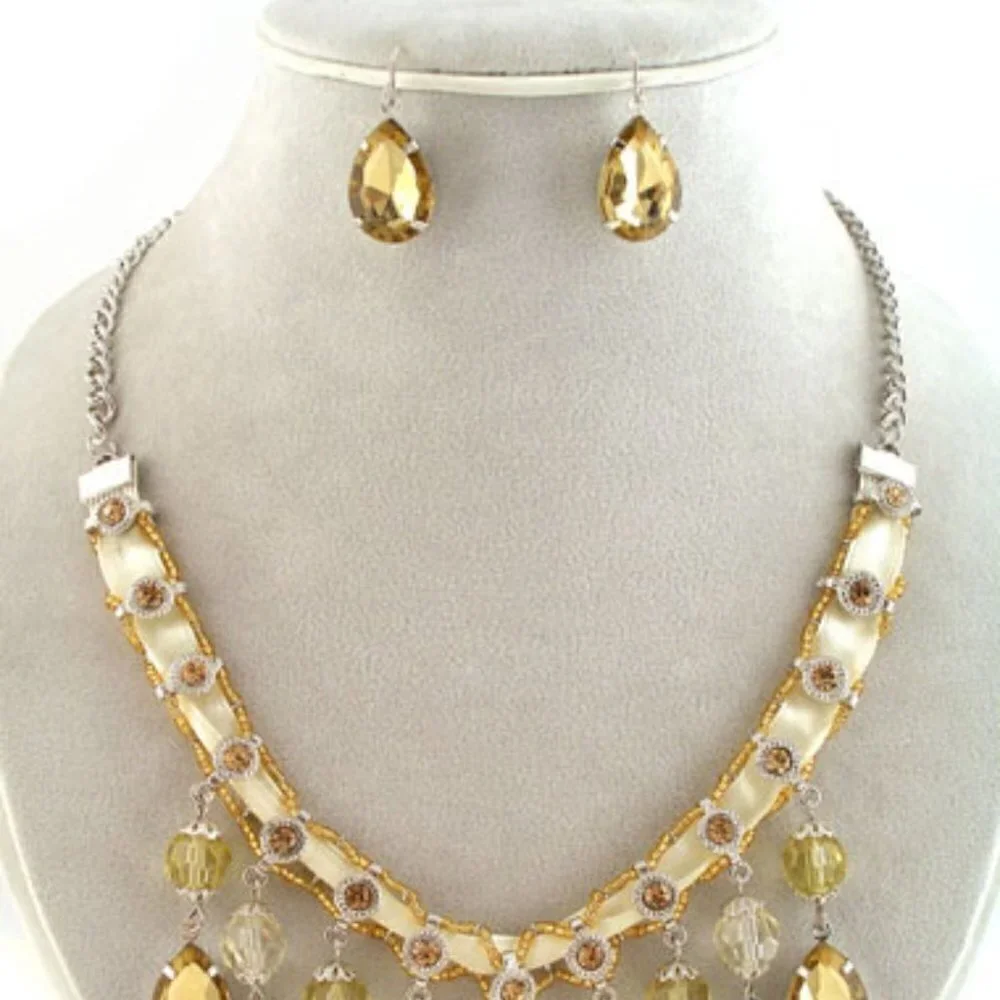 Lightweight Topaz Crystals with Off White Accents and Ribbon Necklace Set